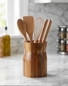 Doğal Akasya Ahşap Tezgah Üstü Kaşıklık, 9.5X13 cm Çok Amaçlı Düzenleyici Organizer, Minimalist Mutfak Gereçleri Kutusu