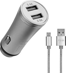 HY-X62 3.4A Hızlı Şarj Micro USB Kablolu 2 USB Metal Araç Şarj Cihazı, Gümüş