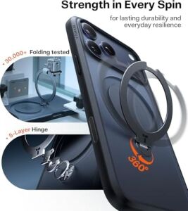 Torras Q3 360 Spin iPhone 17 Pro Kılıf Manyetik Stand, Magsafe ile Uyumlu, Askeri Sınıf Koruma, Kamera Kontrolü, Dahili Kickstand 17 Pro Telefon Kılıfı 6,3 Inç, Siyah