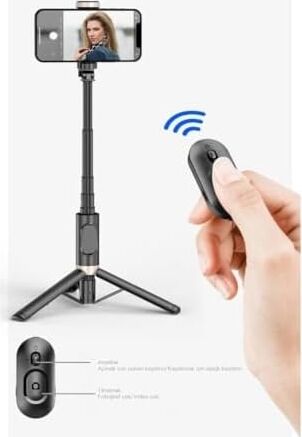 Selfie Stick Tripod – Kablosuz Bluetooth Uzaktan Kumandalı, 360° Döner Başlıklı, 215-730 mm Ayarlanabilir, Ios ve Android Uyumlu, Alüminyum Alaşımlı Hafif Taşınabilir Tripod | Q12