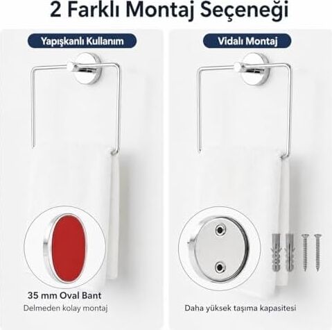 Iris Krom Kaplama Kare Havluluk, Yapışkanlı ve Vidalı Montajlı Banyo Havlu Askısı, 35 mm Oval Bantlı