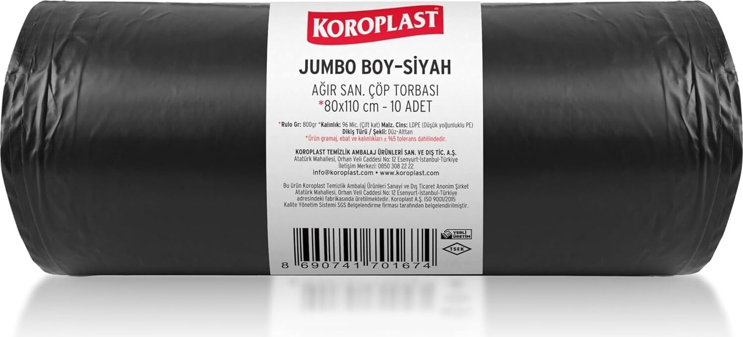 Ağır Sanayi Çöp Torbası Jumbo Boy Siyah 10'lu 80X110 Cm, Dayanıklı & Sızdırmaz, Çift Katlı, Geri Dönüştürülebilir Çöp Poşeti, Fabrika, Şantiye, Sanayi, Restoran, Otel, Hastane, Atölye