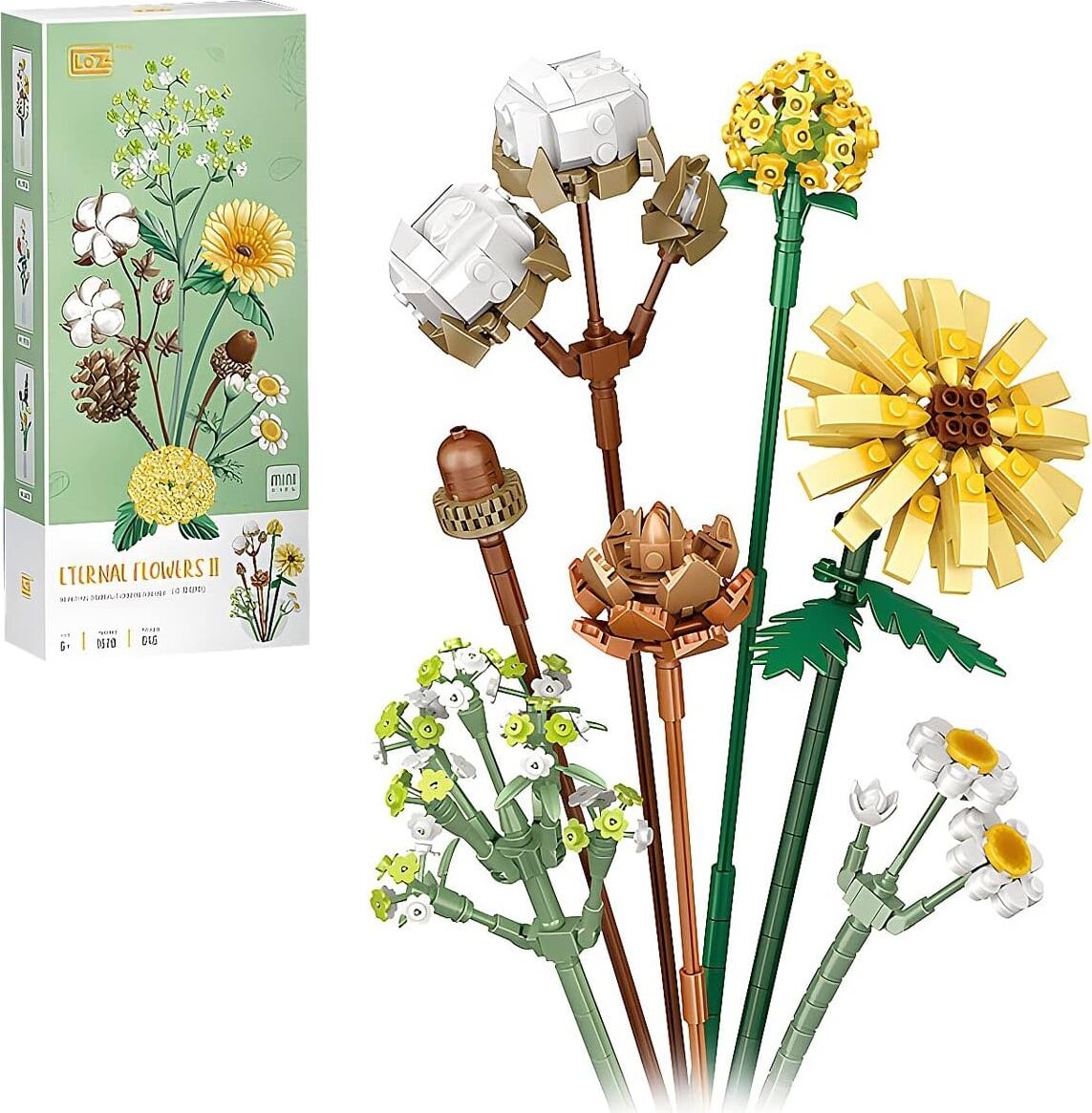 FUN4KID Mini Bloklar Çiçek Buketi Yapı Setleri, Yapay Çiçekler, Yapı Taşları, Dekorasyon, Ev, 646 Adet, Yetişkinler Için Botanik Koleksiyonu (Pamuk/çam Kozalakları/gerbera/craspedia)