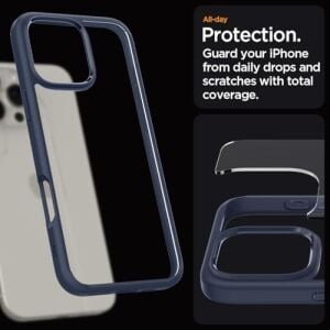 16 Pro ile Uyumlu Ince Kılıf Ultra Hybrid Sararmaya Dayanıklı Duraclear™ Hava Kanalı Teknolojisi™ Askeri Sınıf Koruma Navy Blue Şeffaf Kapak - ACS08126