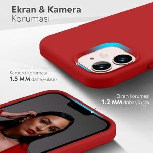 iPhone Kılıf Ince Sıvı Silikon 3 Katmanlı Tam Kaplamalı Yumuşak Jel Kauçuk Kılıf Kapak (Koyu Kırmızı, iPhone 11)