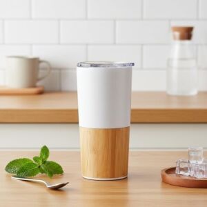 600 ml Bambu Tabanlı Çelik Termos Mug - 5 Farklı Renk Seçenekli Sıcak ve Soğuk Tutucu Seyahat Bardağı (Beyaz)