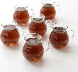 6'lı Kulplu Borosilikat Fitil Desenli Cam Çay Bardağı Seti - Geniş Ağızlı Tombul Tasarım, Isıya Dayanıklı Çay Takımı 180ML