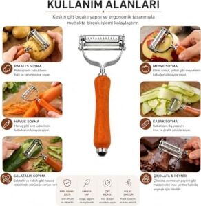 Çift Bıçaklı Ahşap Saplı Soyacak - Çift Bıçaklı Ahşap Saplı Sebze ve Meyve Soyacak – Paslanmaz Çelik Ultra Keskin Tırtıklı & Düz Bıçaklı, Ergonomik Kaymaz Sap, Patates Havuç Kabak Elma