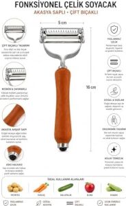 Çift Bıçaklı Ahşap Saplı Soyacak - Çift Bıçaklı Ahşap Saplı Sebze ve Meyve Soyacak – Paslanmaz Çelik Ultra Keskin Tırtıklı & Düz Bıçaklı, Ergonomik Kaymaz Sap, Patates Havuç Kabak Elma