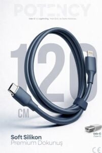 30W Potency Type-C To Lightning ile Uyumlu Isıya Dayanıklı Hızlı Şarj ve Data Kablosu 1.2m Siyah