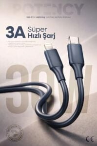 30W Potency Type-C To Lightning ile Uyumlu Isıya Dayanıklı Hızlı Şarj ve Data Kablosu 1.2m Siyah