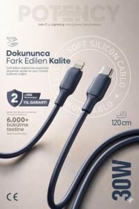 30W Potency Type-C To Lightning ile Uyumlu Isıya Dayanıklı Hızlı Şarj ve Data Kablosu 1.2m Siyah