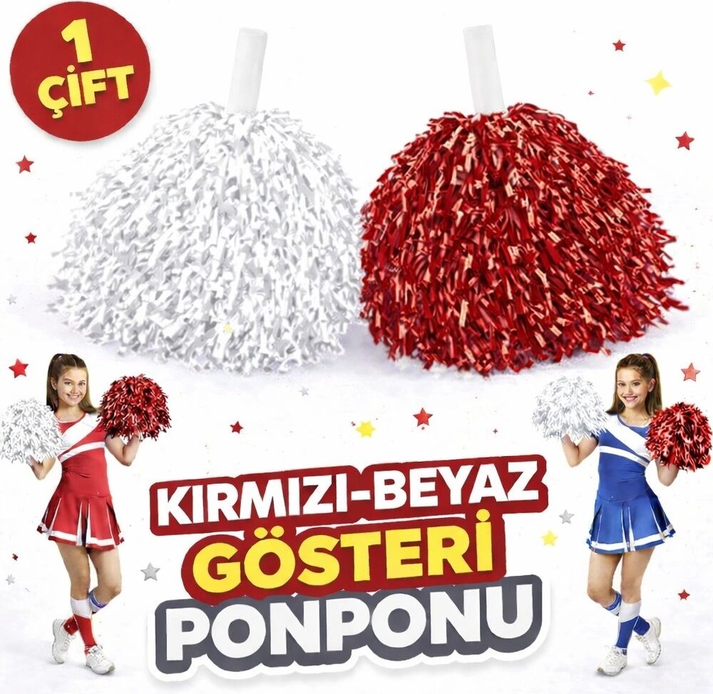 1 Çift Kırmızı - Beyaz Okul Gösteri Ponponları - Ekstra Dolgun