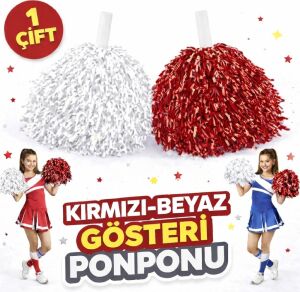 1 Çift Kırmızı - Beyaz Okul Gösteri Ponponları - Ekstra Dolgun
