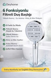 6 Fonksiyonlu Filtreli Duş Başlığı Su Arıtmalı Klor ve Kireç Önleyici Yüksek Basınçlı Duş Sistemi (Beyaz Krom 6 Fonksiyonlu)