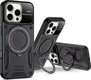 & Aksesuar iPhone 16 Pro Max ile Uyumlu Joy Lens Kamera Korumalı Entegre Standlı Kılıf (Siyah)