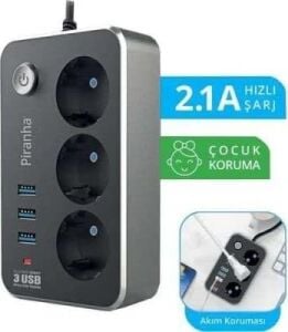 3396 3lü Priz 3 USB Girişli 2mt. Akım Korumalı
