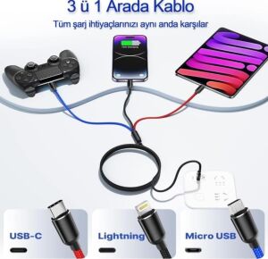 Hızlı Şarj ve Data Aktarım Kablosu, 60W - 3A USB A, Type C (Usb C), Micro Usb, Lightning Uyumlu 3 Ü 1 Arada Çoklu Kablo