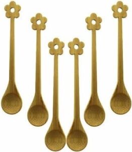 Mini Bambu Ahşap Kaşık Seti, Çiçek Desenli, 14.5 Cm, 6 Adet
