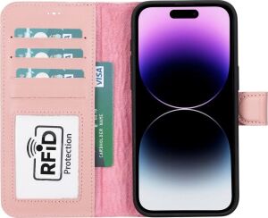 Apple iPhone 15 Pro Max Uyumlu Deri Cüzdanlı Kılıf Mwwn Nu2 Pembe