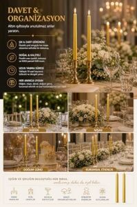 2’li Altın Gold Metalik Şamdan Mum Seti 25 cm – Dekoratif Ince Şamdan Mum, Kokusuz Parafin WAX,%100 Pamuk Fitil, El Döküm, Uzun Süre Yanma (~10 Saat), Şık Sofra, Davet, Nişan, Düğün