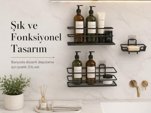 Siyah 3’lü Yapışkanlı Banyo Seti, 2 Raf ve 1 Kancalı Sabunluk, Duvar Tipi Şampuanlık ve Banyo Organizer, Delmeden Kolay Montajlı Banyo Raf Seti