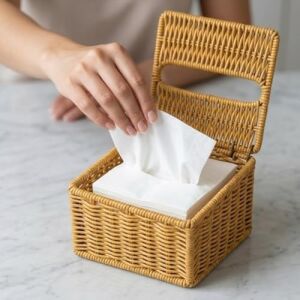 Kapaklı Hasır Peçetelik Kutu 13X13X9 cm Doğal Rattan Peçete Saklama Kutusu