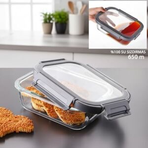 1 Adet 650 ml Borosilikat Cam Saklama Kabı - 4 Klipsli Kilitli Bambu Kapaklı Sızdırmaz Vakumlu Dikdörtgen Beslenme ve Erzak Kabı Isıya Dayanıklı Orta Boy Yemek Taşıma Kutusu