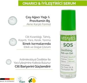 Vıtayes Sos Cilt Serumu - Akne ve Sivilce Önleyici, Siyah Nokta, Cilt Kızarıklığı, Kaşıntı, Sinek Böcek Isırması Karşıtı Onarıcı Çay Ağacı Yağı ve Provitamin B5 Serumu, Üçlü Ambalaj 30 ml