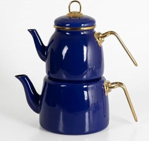 Içten Kaplamalı Emaye Çaydanlık Takımı - Gold Detaylı Nostaljik Alt Üst Çay Seti (1.2 Litre + 2 Litre) - 3 Renk Seçeneği (Mavi)