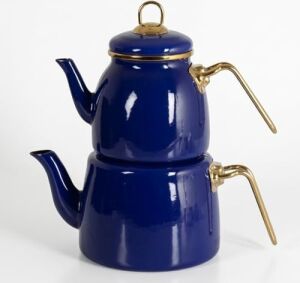 Içten Kaplamalı Emaye Çaydanlık Takımı - Gold Detaylı Nostaljik Alt Üst Çay Seti (1.2 Litre + 2 Litre) - 3 Renk Seçeneği (Mavi)