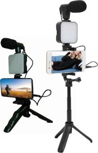 Telefon Tutucu LED Işıklı Kumandalı Mikrofon Telefon Vlog Video Kayıt