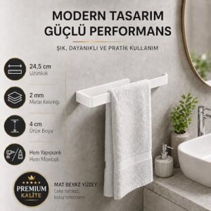 Beyaz Lamalı Havlu Askısı, Paslanmaz Çelik Banyo Havluluğu, Hem Yapışkanlı Hem Vidalı Montajlı, Duvar Tipi Modern Havlu Barı