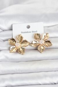 316L Çelik Gold Renk Lotus Çiçek Model Kadın Küpe