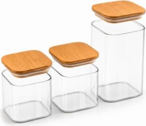 Vakumlu 3lü Bambu Saklama Kabı Seti, 2800 Mililitre, Mika Plastik, Sert Dayanıklı, Hava Ile Temas Etmez Sızdırmaz Kapak, Ahşap Kapaklı, 700ML X2 ve 1400ML