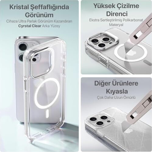 iPhone 15 Pro Max Için Magsafe ile Uyumlu Luxo Serisi Yüksek Kalite Kılıf Ultra Şeffaf Görünüm ve Standlı Ergonomik Tasarım (Beyaz, 15 Pro Max)