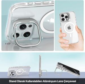 iPhone 15 Pro Max Için Magsafe ile Uyumlu Luxo Serisi Yüksek Kalite Kılıf Ultra Şeffaf Görünüm ve Standlı Ergonomik Tasarım (Beyaz, 15 Pro Max)