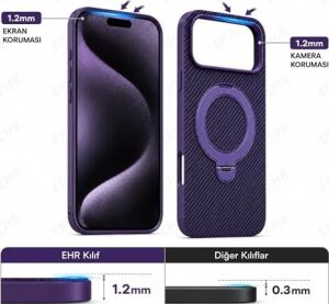 Ehr. iPhone 17 Pro ile Uyumlu Magsafe Wireless Şarj Özellikli Kamera Çıkıntılı Standlı Carbon Içi Kadife Silikon Arka Kapak (Mor, iPhone 17 Pro)