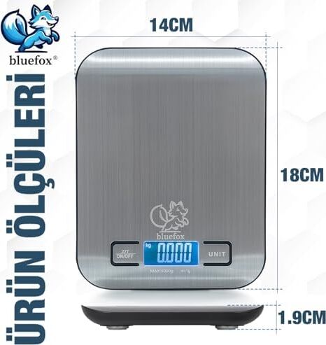 Dijital Mutfak Terazisi - Paslanmaz Çelik Yüzeyli Hassas Mutfak Tartısı - Dara Işlevi, LED Ekran, 5 Birim Dönüştürme ve Otomatik Kapanma Özellikli - 5 kg Tartı Kapasitesi