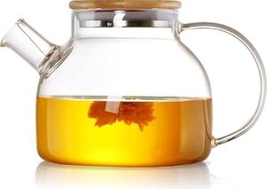 Bambu Kapaklı Kendinden Süzgeçli Borosilikat Cam Demlik – 1000 ml Isıya Dayanıklı Termisil Cam Çay, Kahve ve Bitki Çayı Demliği, Cam Çaydanlık