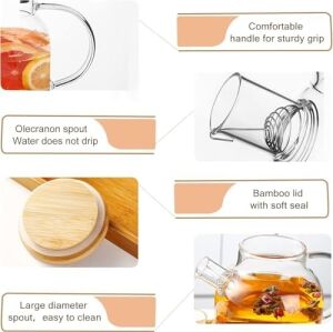Bambu Kapaklı Kendinden Süzgeçli Borosilikat Cam Demlik – 1000 ml Isıya Dayanıklı Termisil Cam Çay, Kahve ve Bitki Çayı Demliği, Cam Çaydanlık