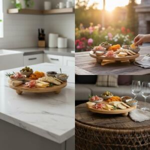 Bambu Top Ayaklı Yuvarlak Sunumluk – 25CM Çap Seçenekli Doğal Ahşap Servis Tabağı | Peynir, Meze, Kek Standı, Kahvaltı ve Charcuterie Board | Yükseltilmiş Masaüstü Tepsi (25 Cm)