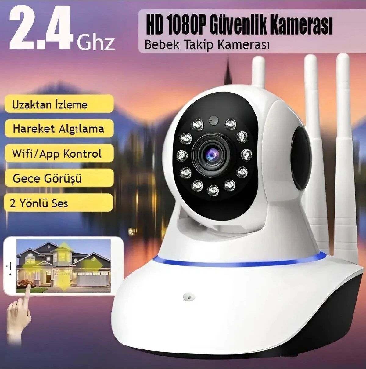 Beyaz 360° Wifi Ip Güvenlik Kamera Gece Görüşlü Sensörlü Sd Kart Destekli Hd Kayıt H.264