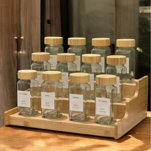 12’li Bambu Kapaklı Kare Formlu Cam Baharatlık Seti 120 ml / 16 Adet Etiket Hediye