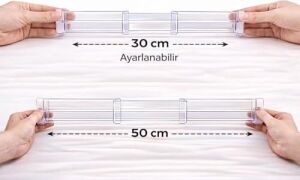 Akrilik Çekmece Bölücü Organizer, Şeffaf, Teleskopik Ayarlanabilir 30–50 Cm, Kaymaz Uçlu, Mutfak, Dolap, Banyo ve Ofis Için (4)
