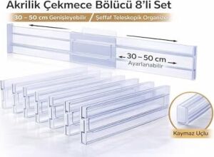 Akrilik Çekmece Bölücü Organizer, Şeffaf, Teleskopik Ayarlanabilir 30–50 Cm, Kaymaz Uçlu, Mutfak, Dolap, Banyo ve Ofis Için (4)