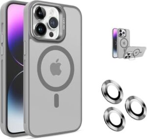 iPhone 16 Pro Kamera Korumalı Standlı Kılıf Magsafe ile Uyumlu Açılır Kamera Standlı Manyetik 16 Pro Kılıf Lens Korumalı Set Darbeye Karşı Korur 16 Pro Kapak (Gri (Titanyum))