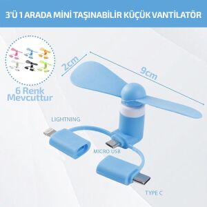 Mini Telefon Fanı - Lightning - Type-C - Micro USB Girişli - Sessiz