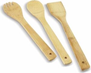 Pişirme Kaşığı Bambu 3 Parça Spatula Ahşap Çatal, Mutfak Yardımcısı 30 cm