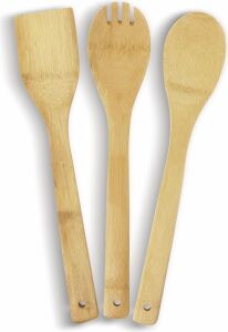 Pişirme Kaşığı Bambu 3 Parça Spatula Ahşap Çatal, Mutfak Yardımcısı 30 cm